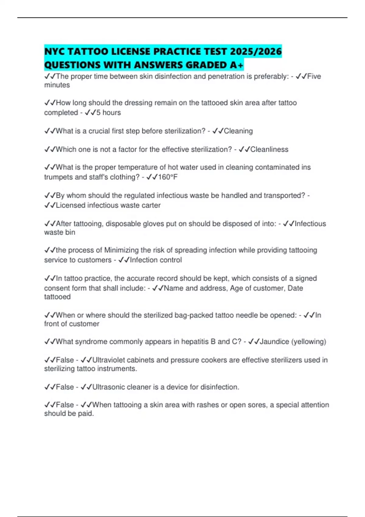 NYC TATTOO LICENSE PRACTICE TEST 2025/2026 QUESTIONS WITH ANSWERS GRADED A+ - Licensed Tattoo ...