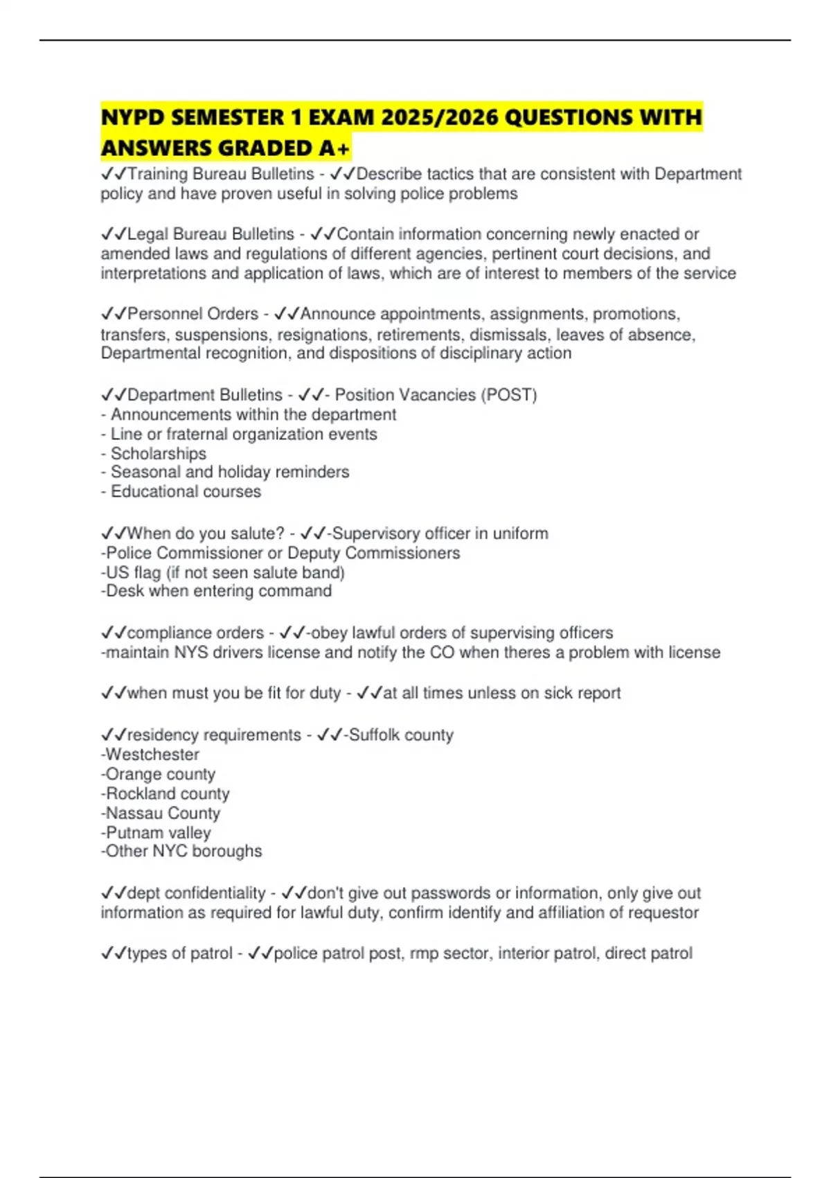 NYPD SEMESTER 1 EXAM 2025/2026 QUESTIONS WITH ANSWERS GRADED A+ - Nypd - Stuvia US