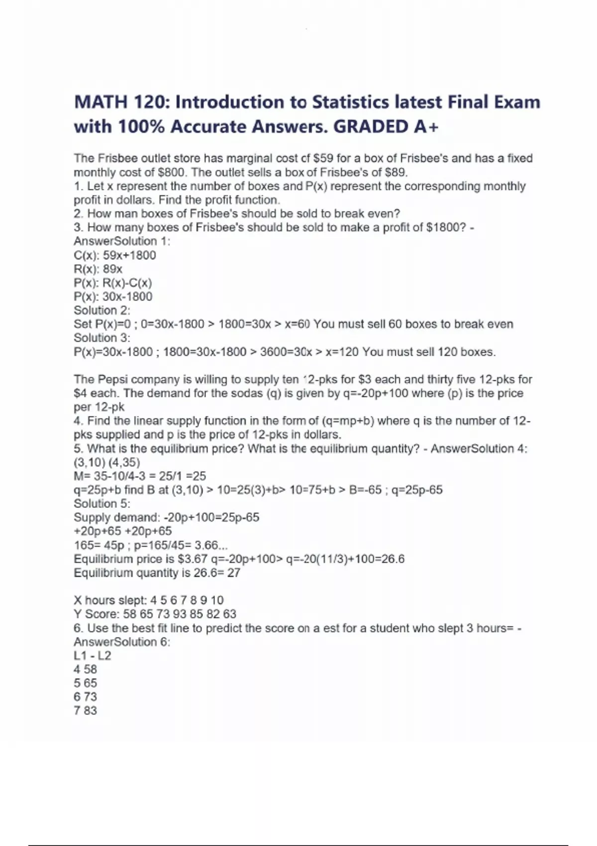 MATH 120: Introduction to Statistics latest Final Exam with 100% ...