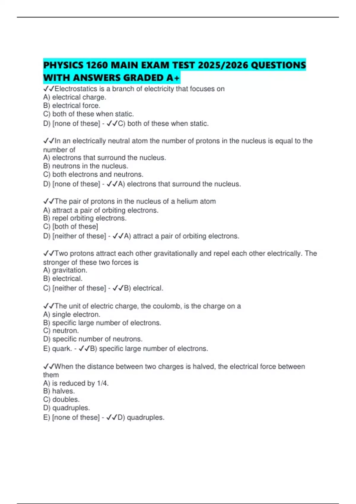PHYSICS 1260 MAIN EXAM TEST 2025/2026 QUESTIONS WITH ANSWERS GRADED A+ ...