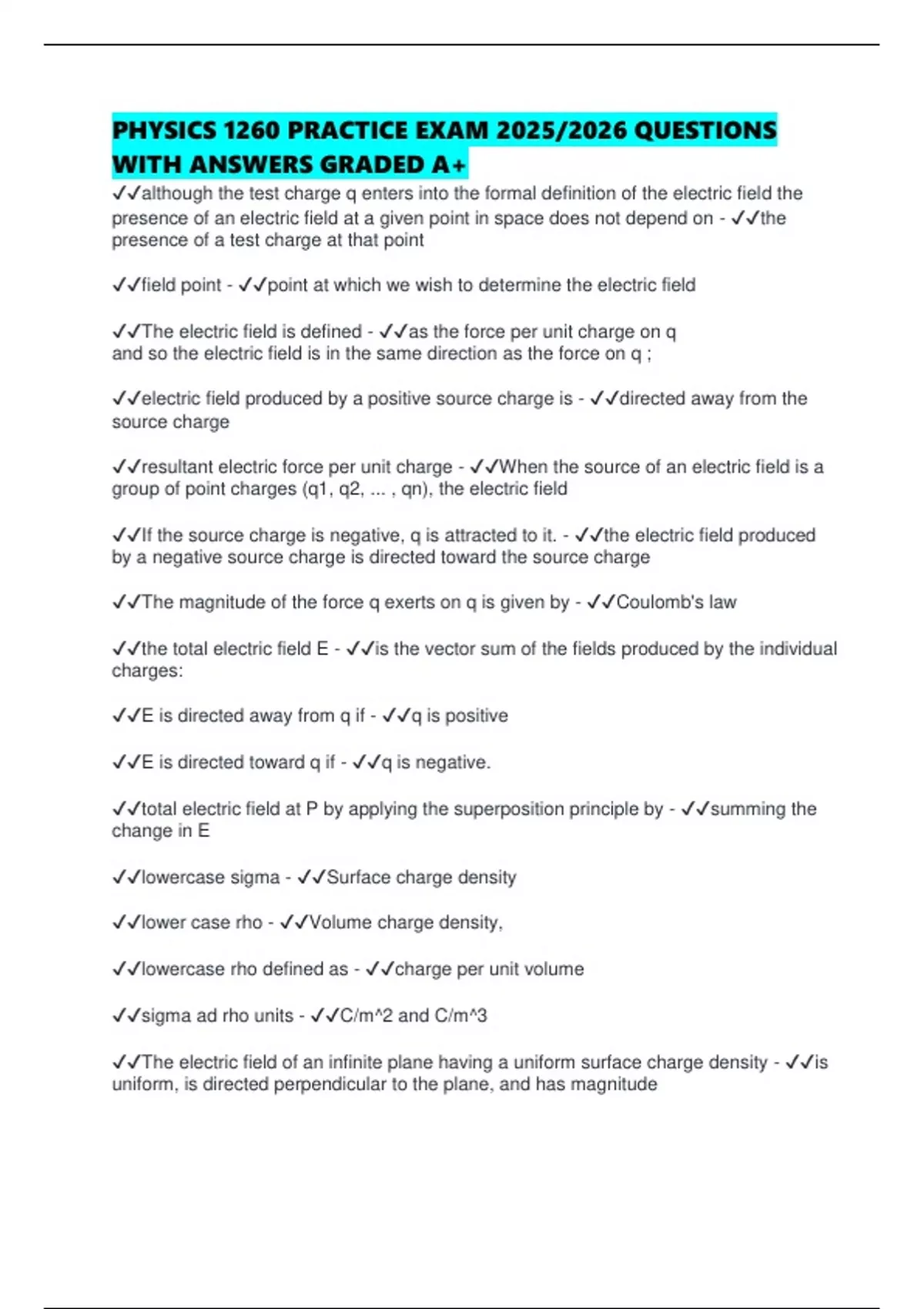 PHYSICS 1260 PRACTICE EXAM 2025/2026 QUESTIONS WITH ANSWERS GRADED A+ ...
