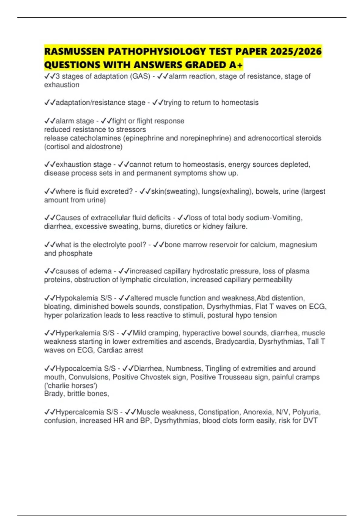 Tagi Rasmussen RASMUSSEN PATHOPHYSIOLOGY TEST PAPER 2025/2026 QUESTIONS WITH ANSWERS ...