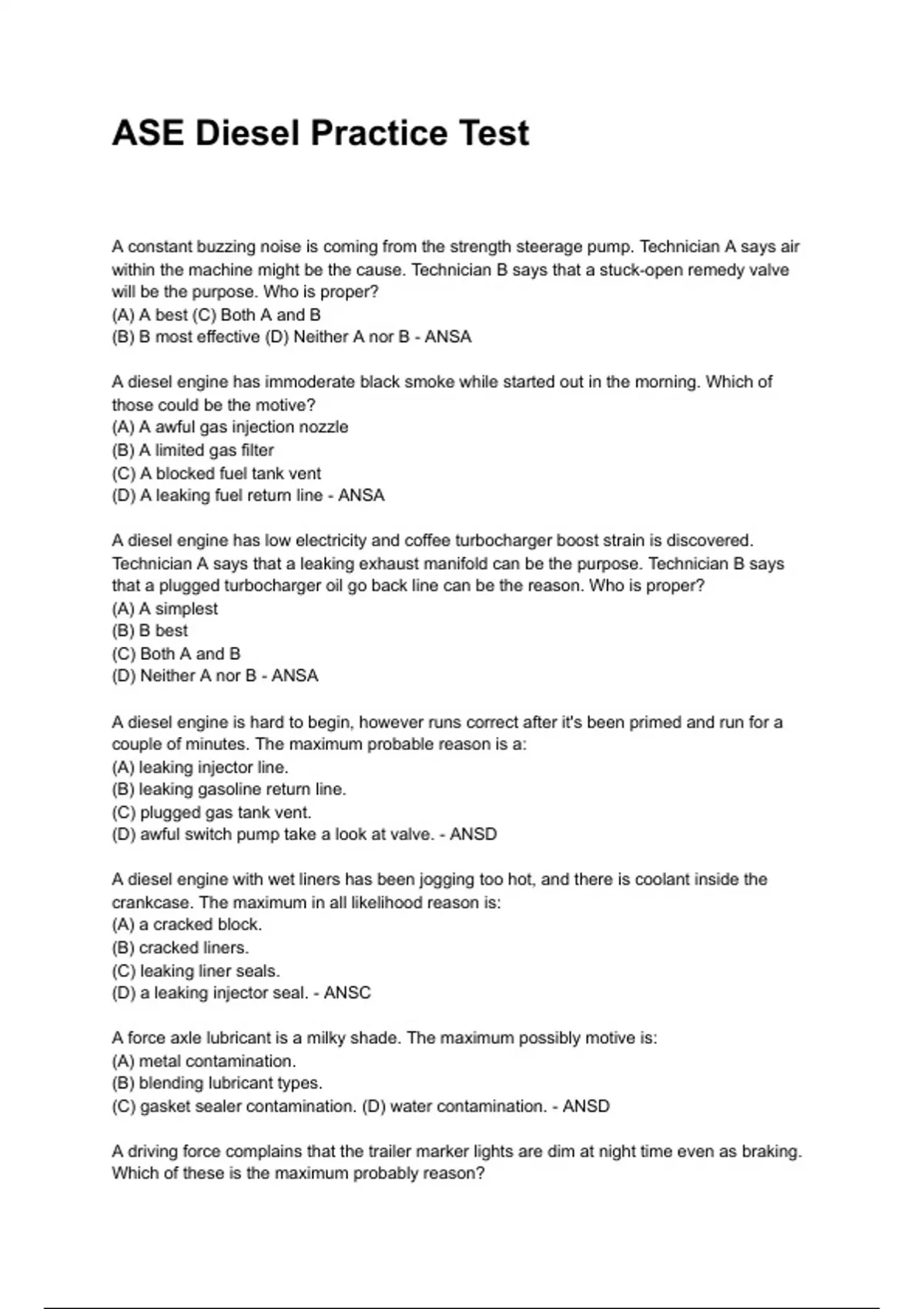 ASE Diesel Practice Test NEWEST 2025/2026 ACTUAL EXAM COMPLETE ...