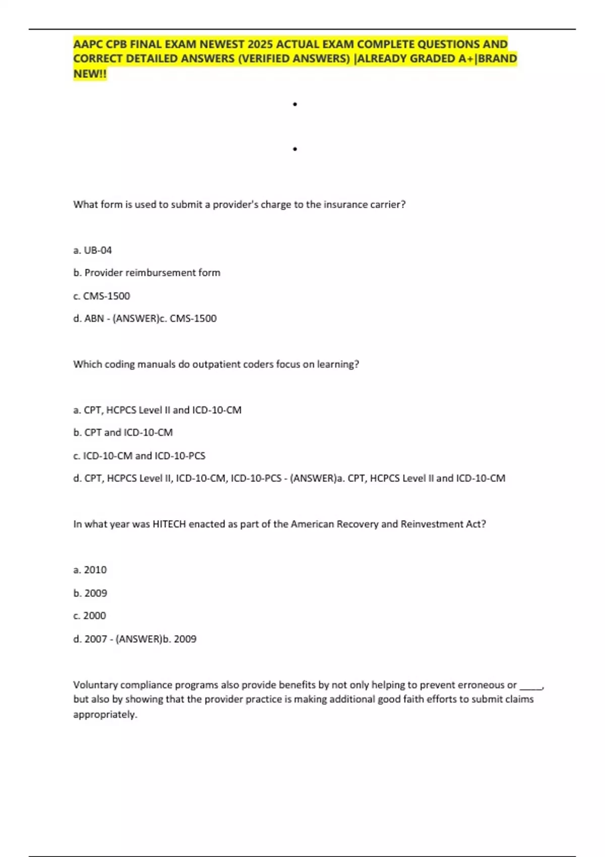AAPC CPB FINAL EXAM NEWEST 2025 ACTUAL EXAM COMPLETE 250 QUESTIONS AND ...