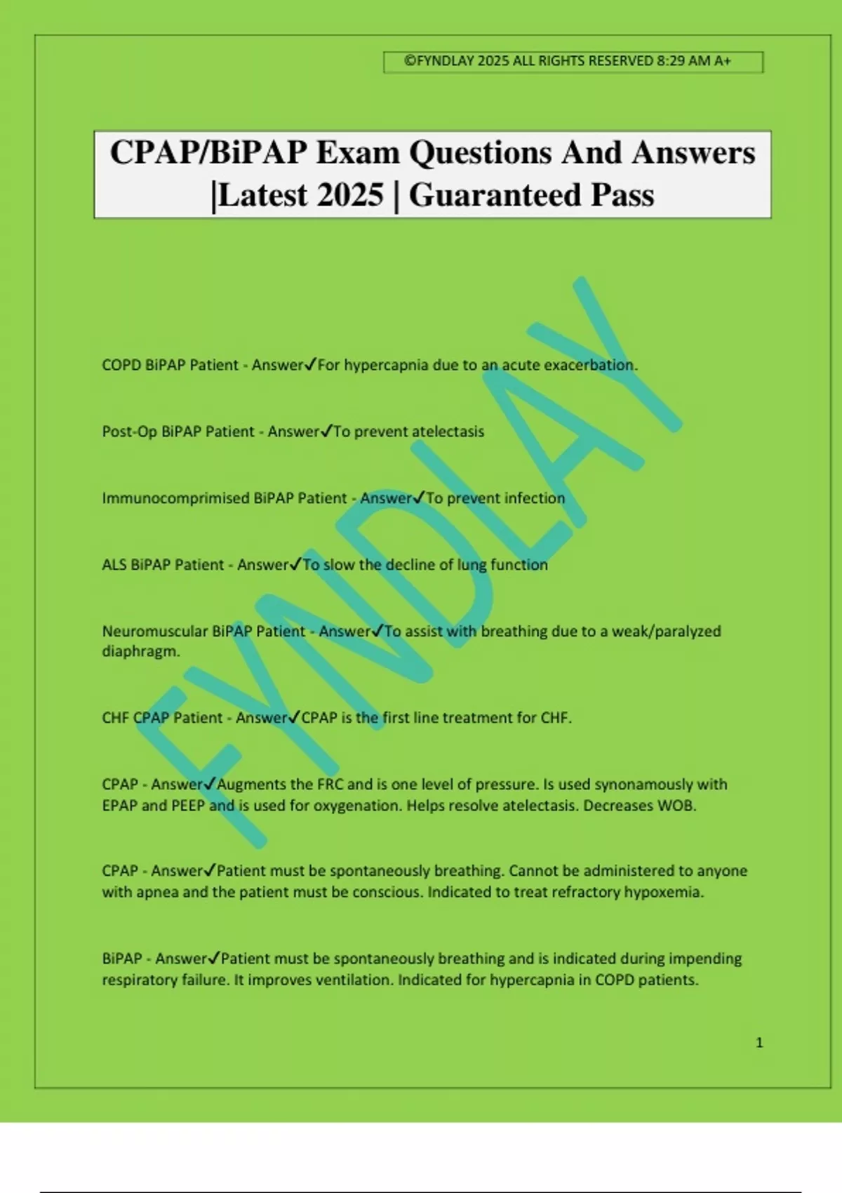 CPAP/BiPAP Exam Questions And Answers |Latest 2025 | Guaranteed Pass ...