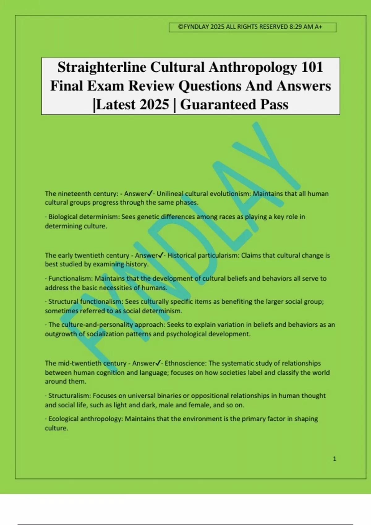 Straighterline Cultural Anthropology 101 Final Exam Review Questions ...