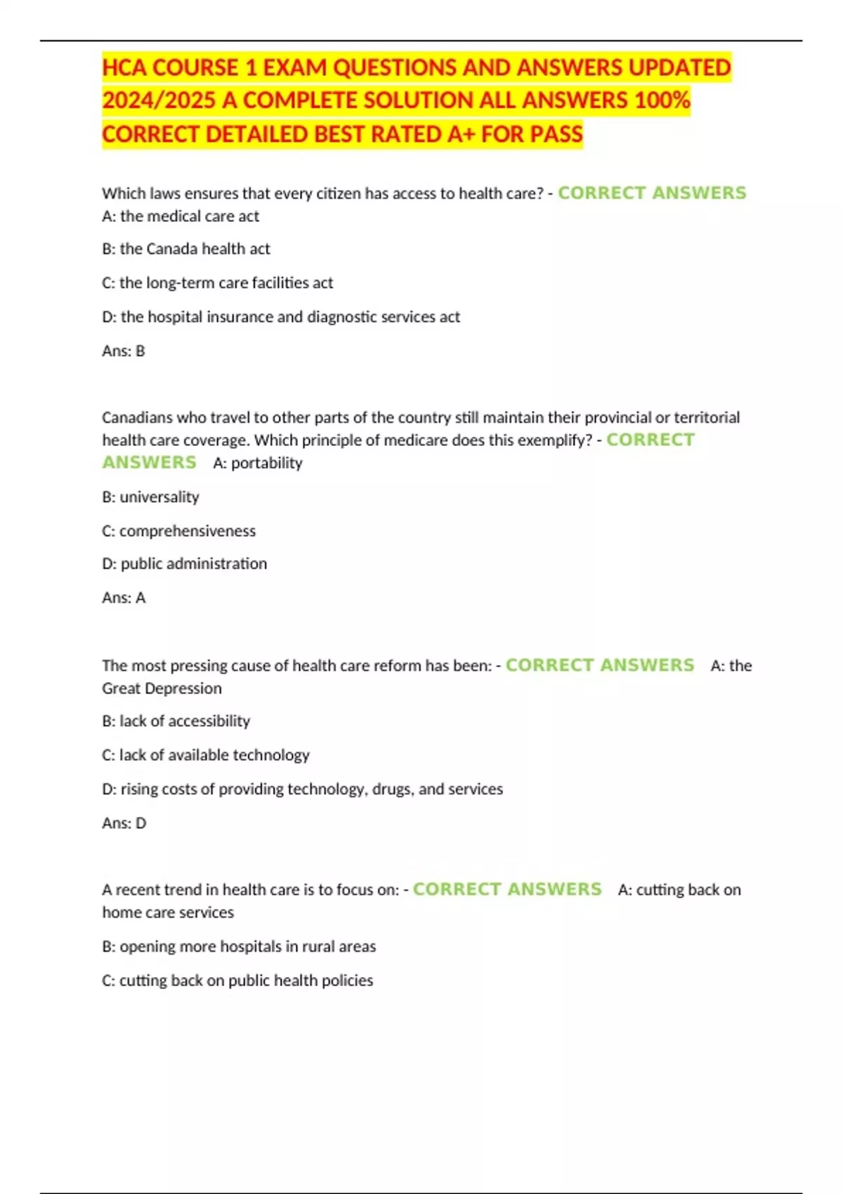 Hcap Core Questions HCA COURSE 1 EXAM QUESTIONS AND ANSWERS UPDATED 2024/2025 A COMPLETE ...