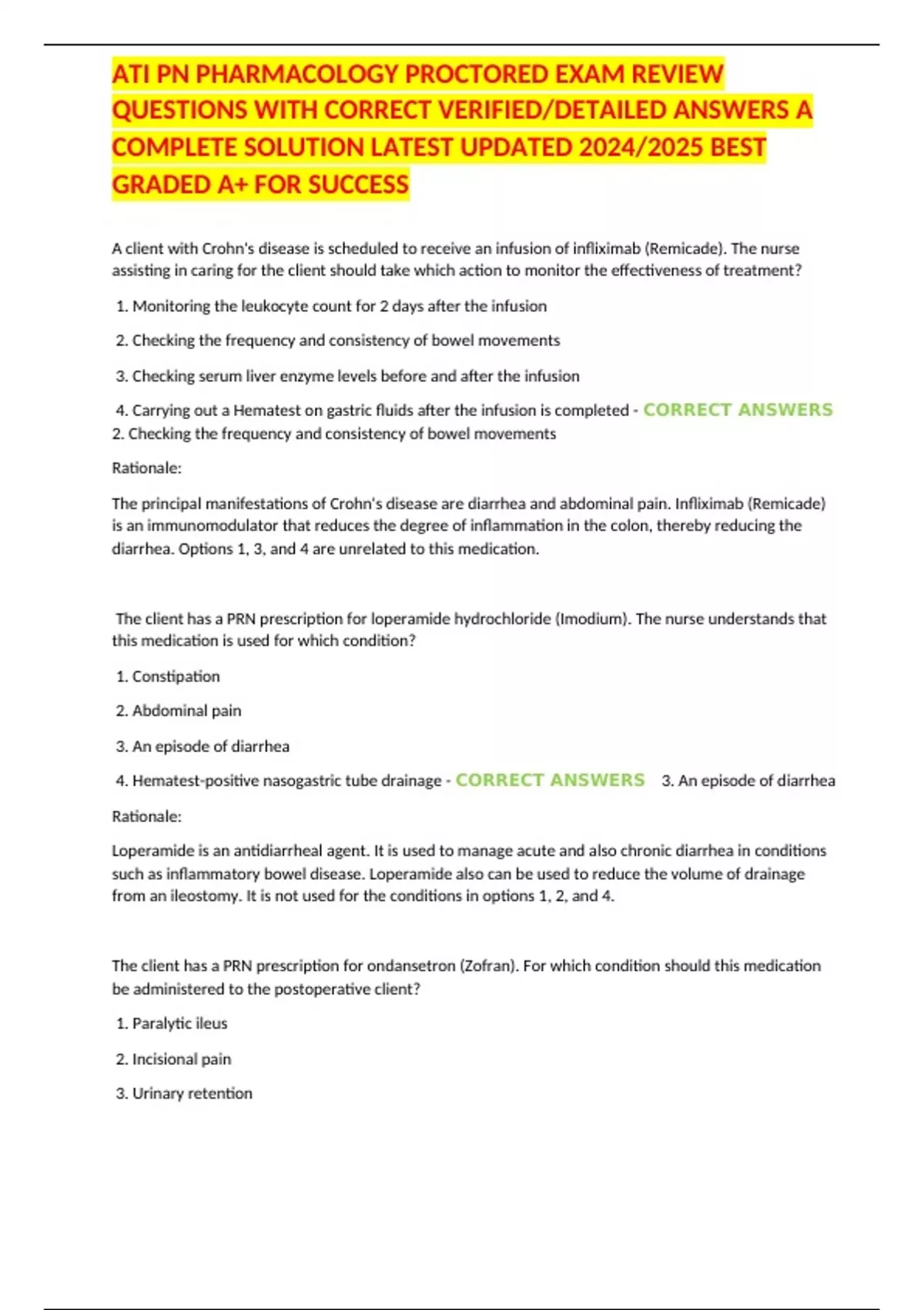 ATI PN PHARMACOLOGY PROCTORED EXAM REVIEW QUESTIONS WITH CORRECT ...
