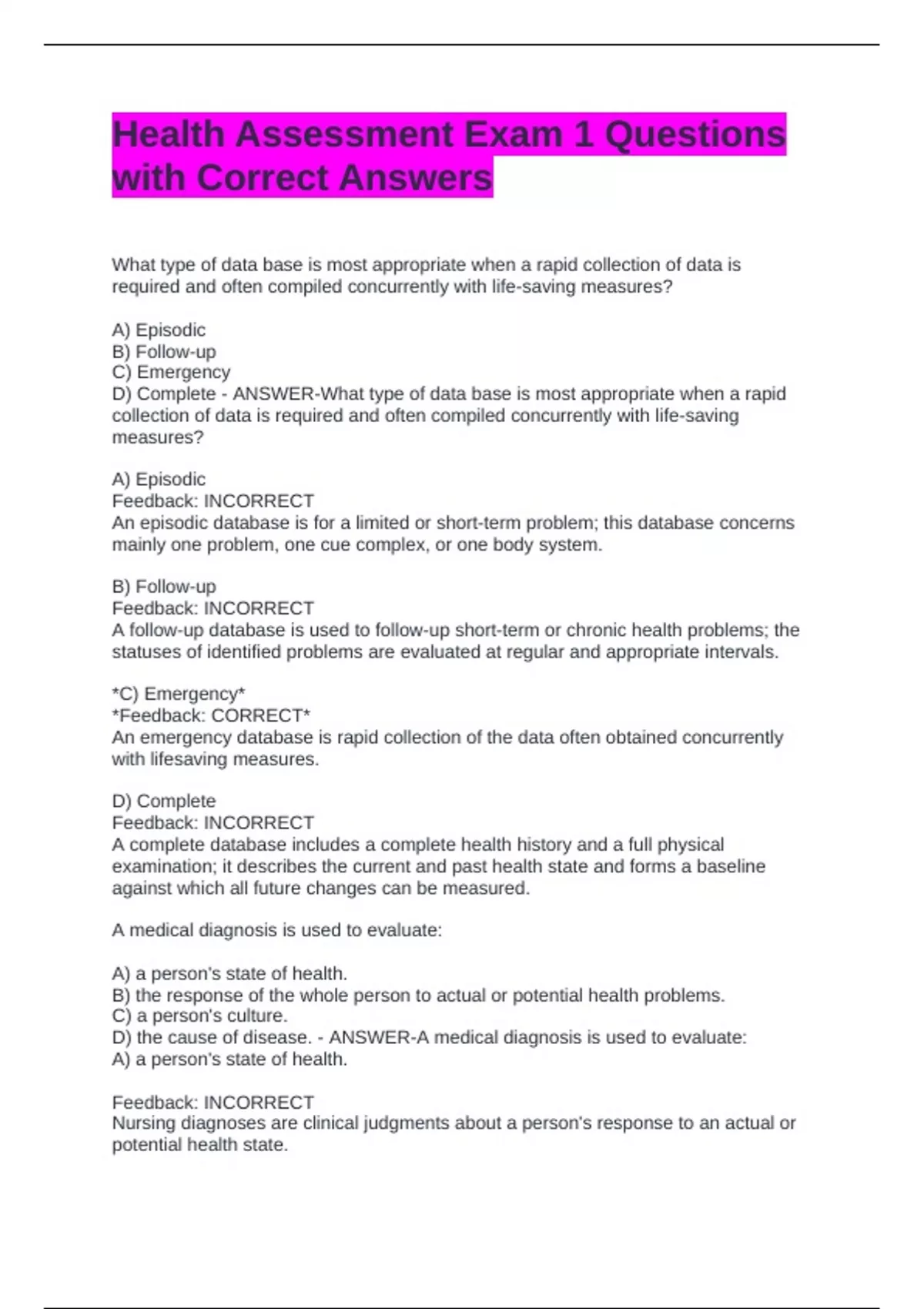 Health Assessment Exam 1 Questions with Correct Answers - NUR 634 ...