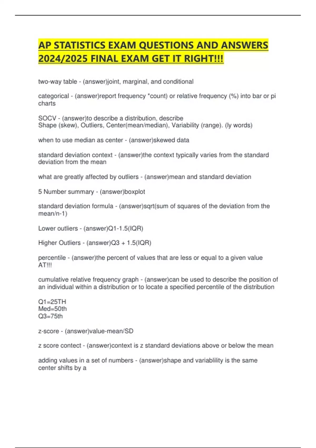 AP STATISTICS EXAM QUESTIONS AND ANSWERS 2024/2025 FINAL EXAM GET IT ...