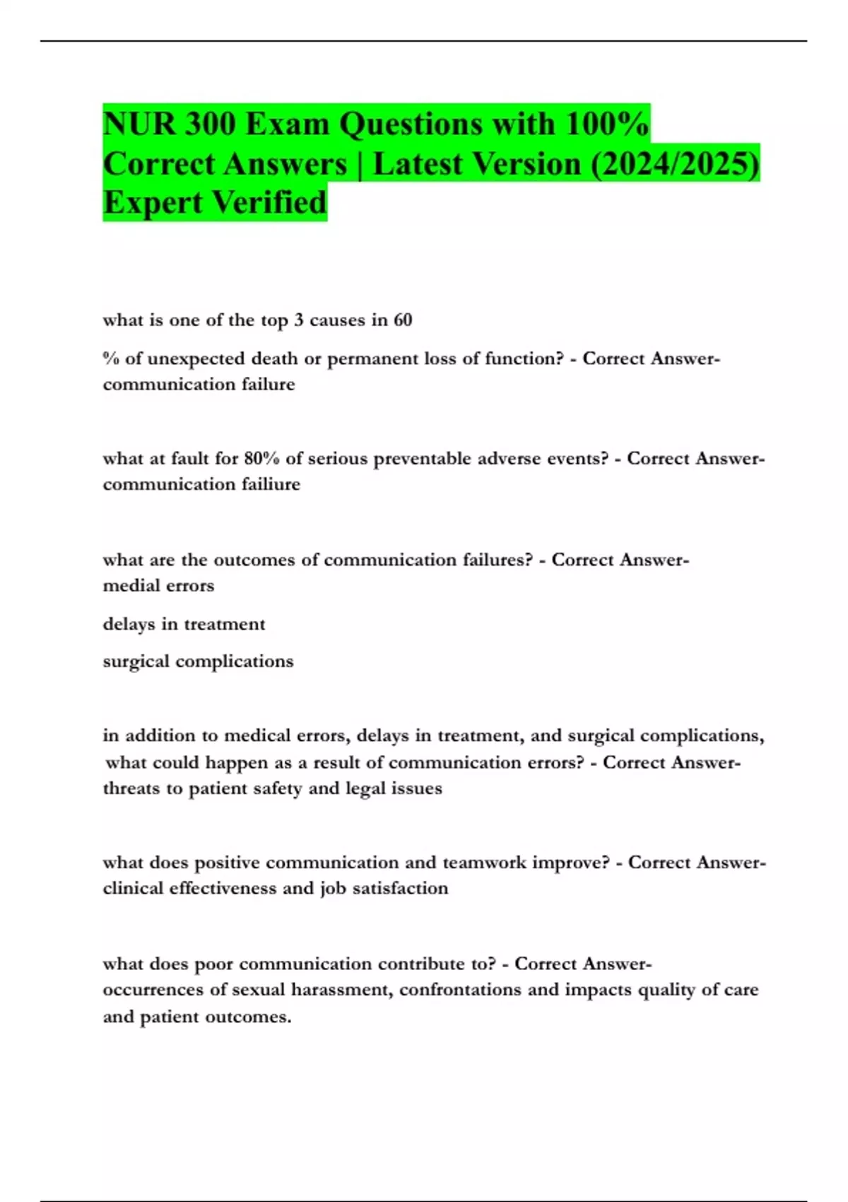 NUR 300 Exam Questions with 100% Correct Answers | Latest Version (2024 ...