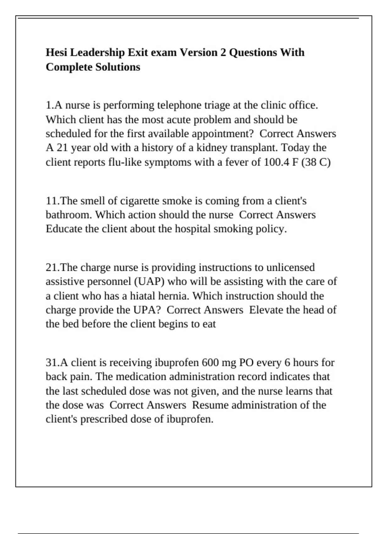 Hesi Leadership Exit exam Version 2 Questions With Complete Solutions ...