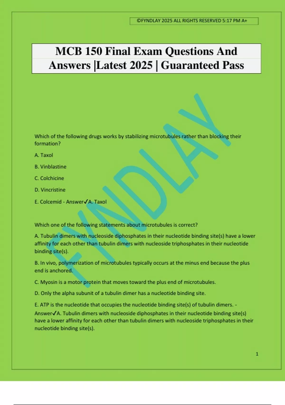 MCB 150 Final Exam Questions And Answers |Latest 2025 | Guaranteed Pass ...