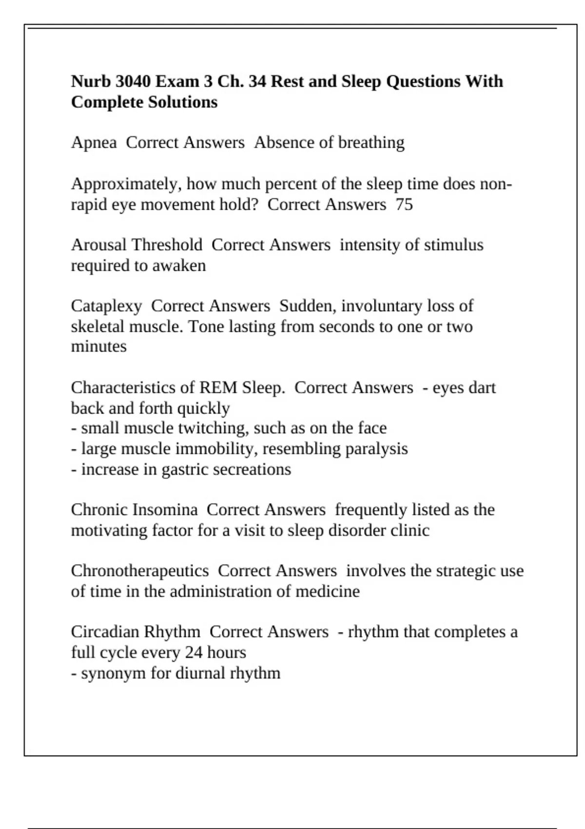 Nurb 3040 Exam 3 Ch. 34 Rest and Sleep Questions With Complete ...
