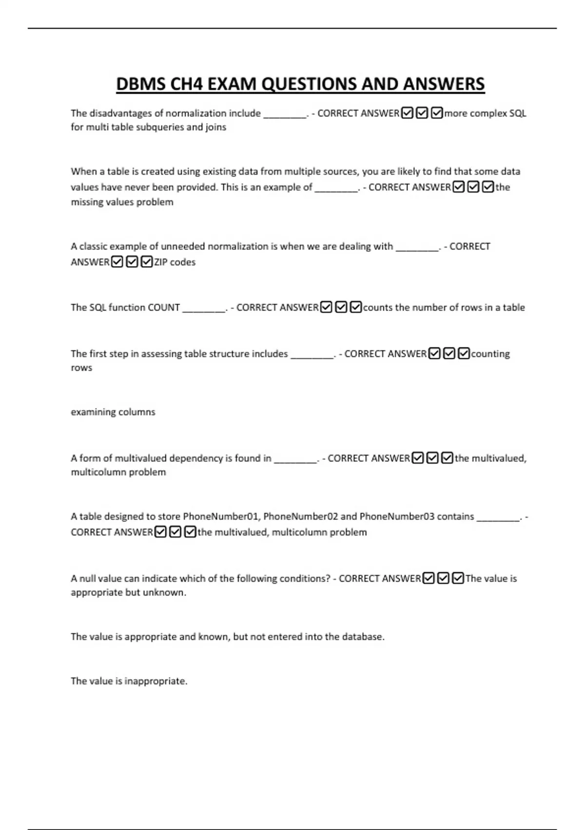 DBMS CH4 EXAM QUESTIONS AND ANSWERS - DBMS - DATABASE MANAGEMENT SYSTEM ...