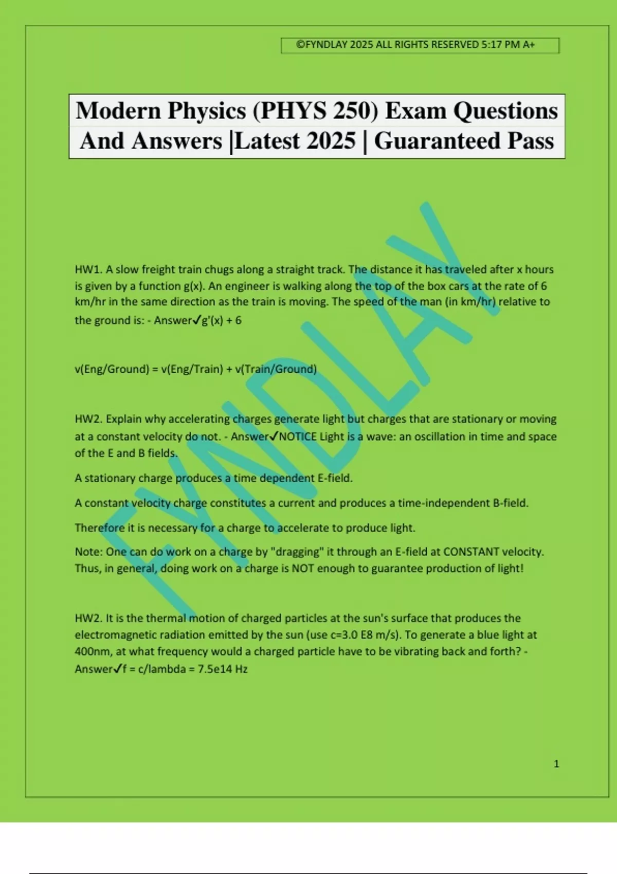 Modern Physics (PHYS 250) Exam Questions And Answers |Latest 2025 ...