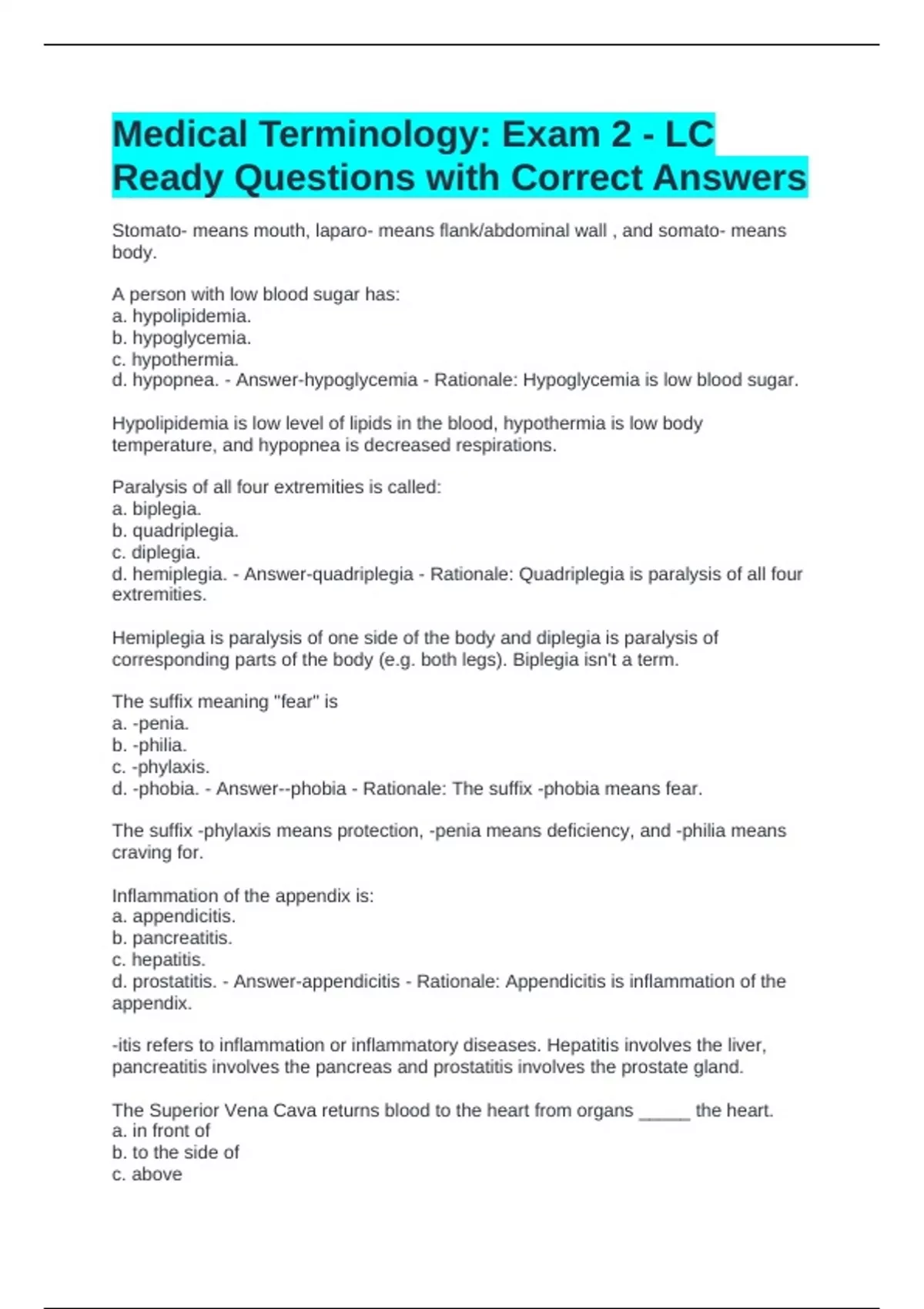 Medical Terminology: Exam 2 - LC Ready Questions with Correct Answers ...