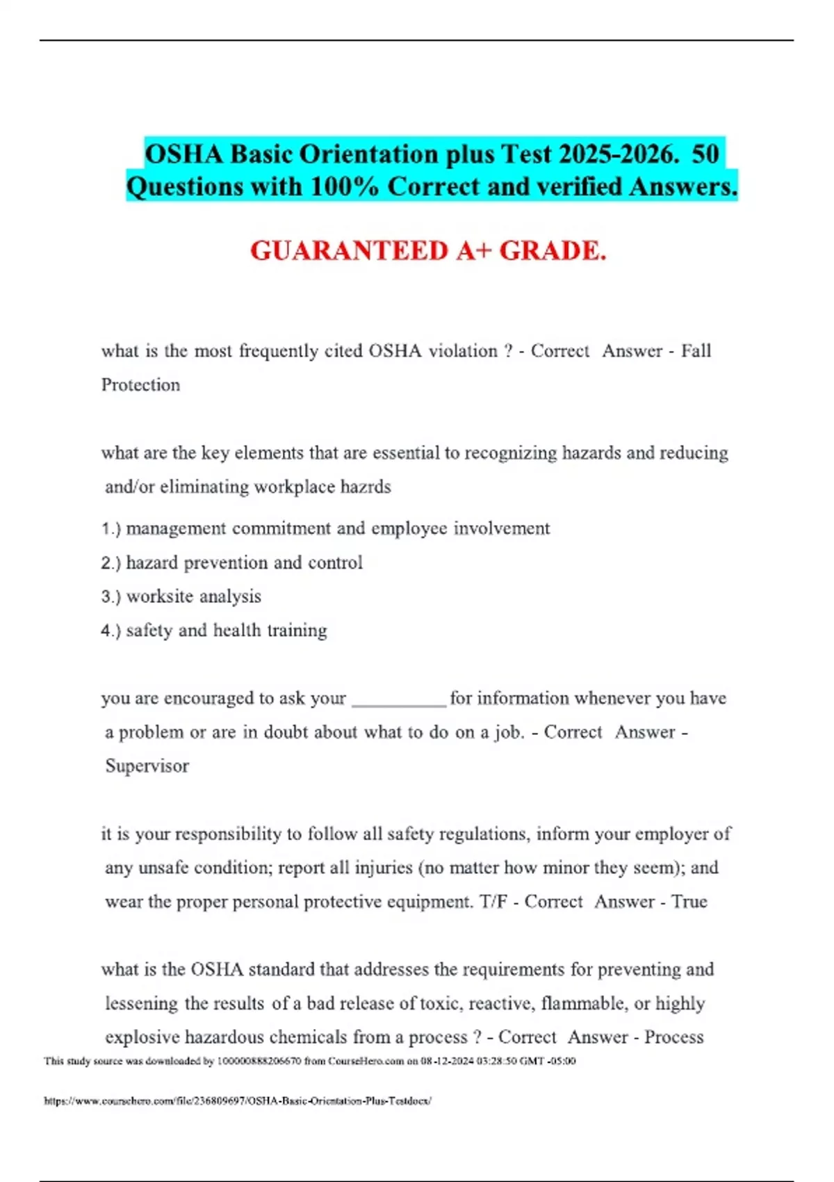 OSHA Basic Orientation plus Test . 50 Questions with 100% Correct and ...