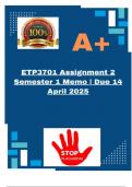 ETP3701 Assignment 2 Semester 1 Memo &vert; Due 14 April 2025 &lbrack;COMPLETE ANSWERS&rsqb; &semi;100&percnt; CORRECT AND TRUSTED SOLUTIONS