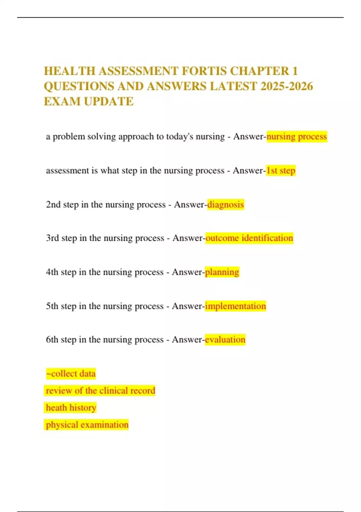 HEALTH ASSESSMENT FORTIS CHAPTER 1 QUESTIONS AND ANSWERS LATEST EXAM ...