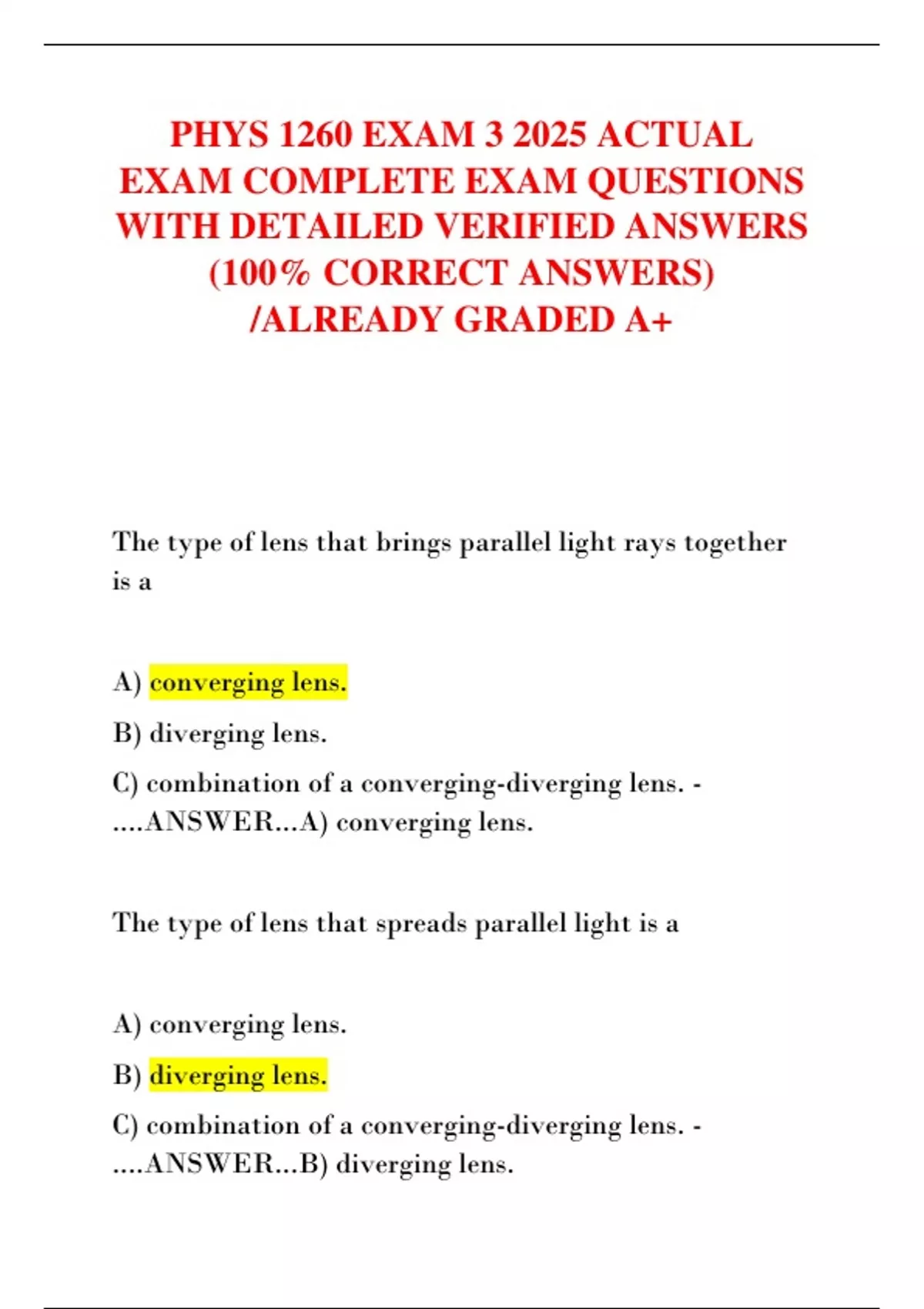 PHYS 1260 EXAM 3 2025 ACTUAL EXAM COMPLETE EXAM QUESTIONS WITH DETAILED ...