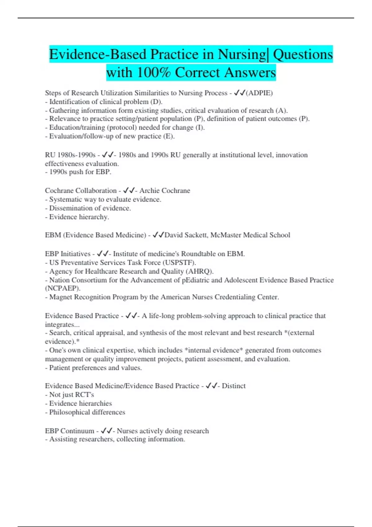 Evidence-Based Practice in Nursing| Questions with 100% Correct Answers ...