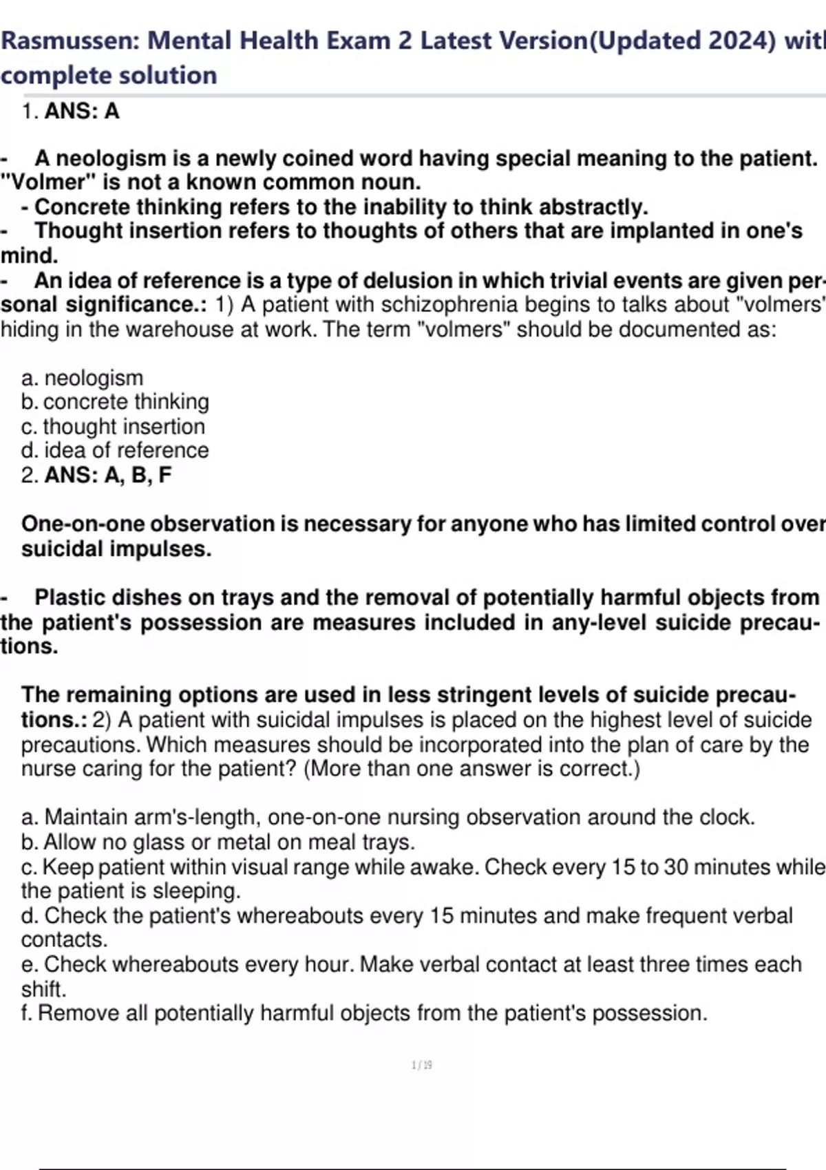 Rasmussen: Mental Health Exam 2 Latest Version(Updated 2024) with ...