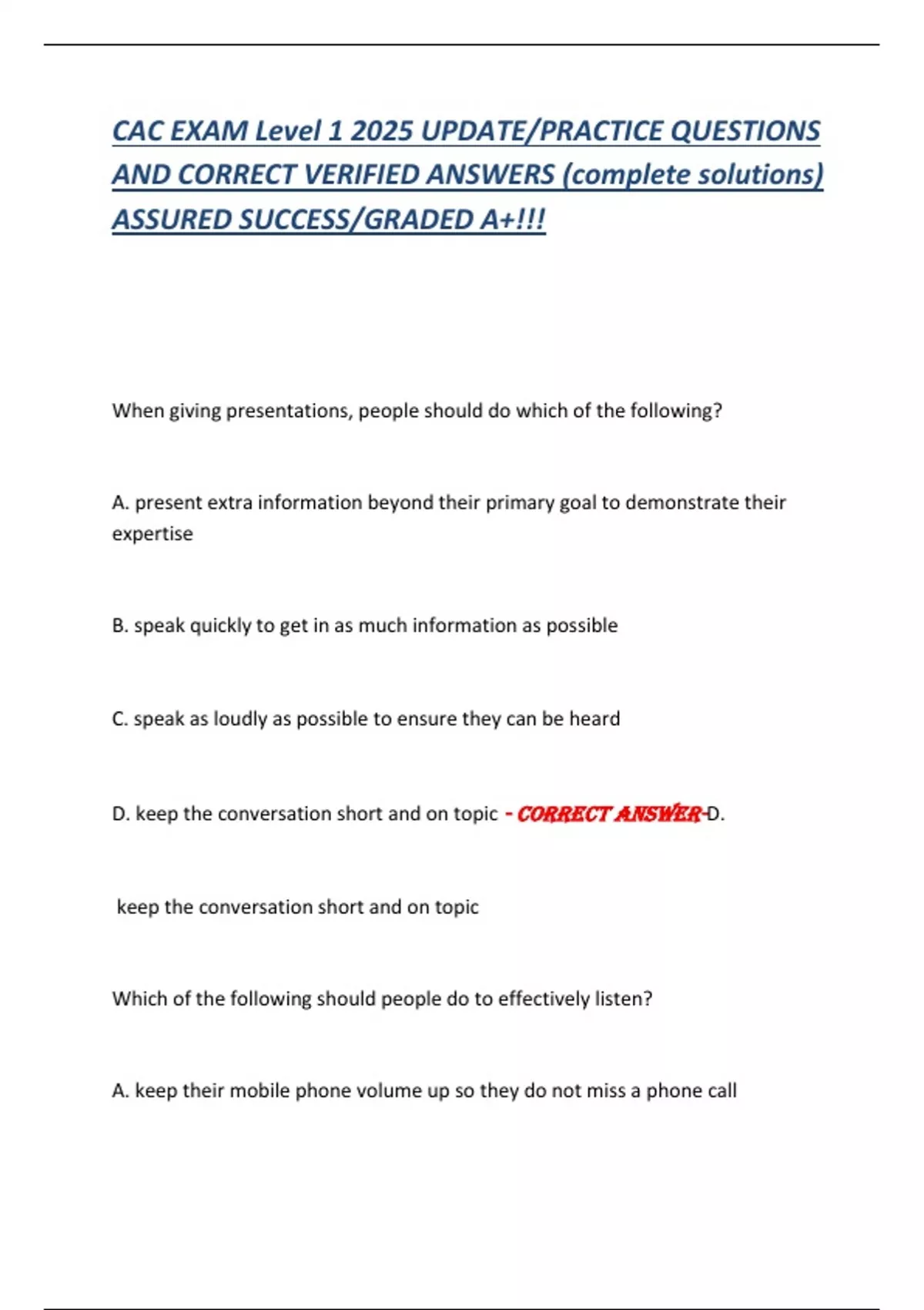 CAC EXAM Level 1 2025 UPDATE/PRACTICE QUESTIONS AND CORRECT VERIFIED ...