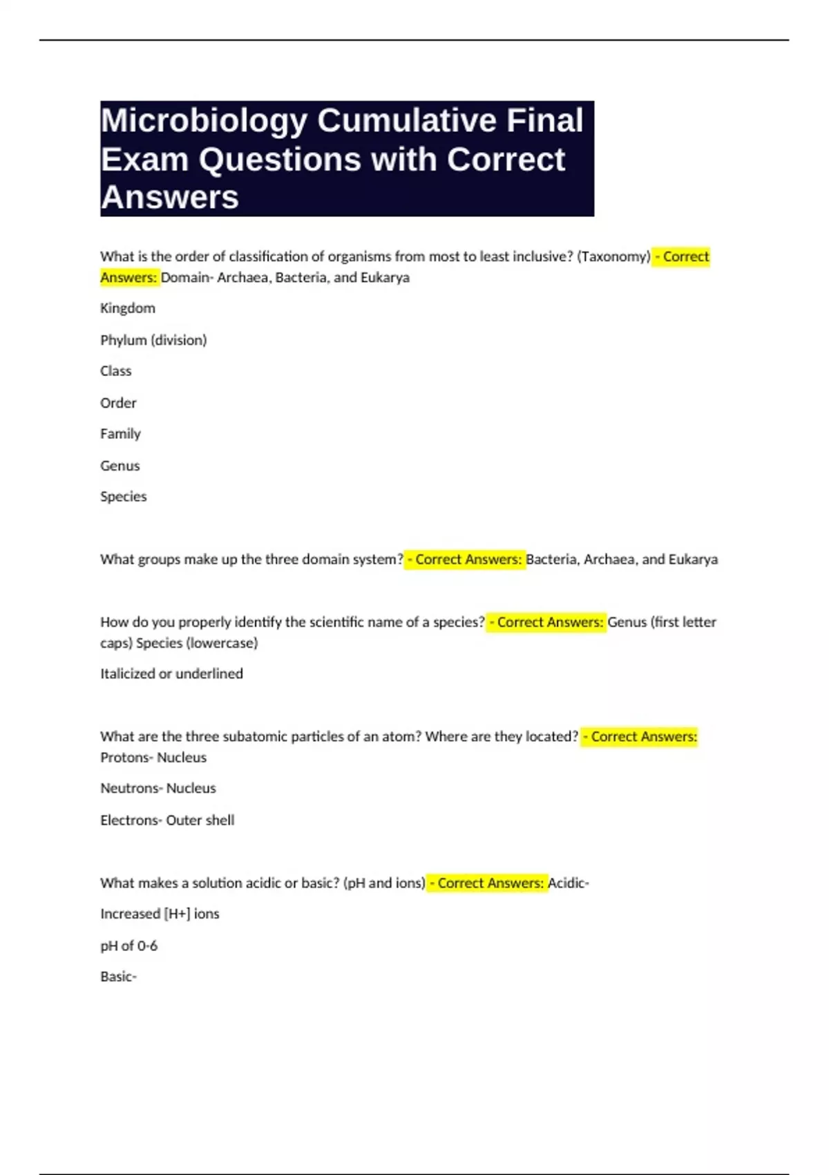 Microbiology Cumulative Final Exam Questions with Correct Answers ...