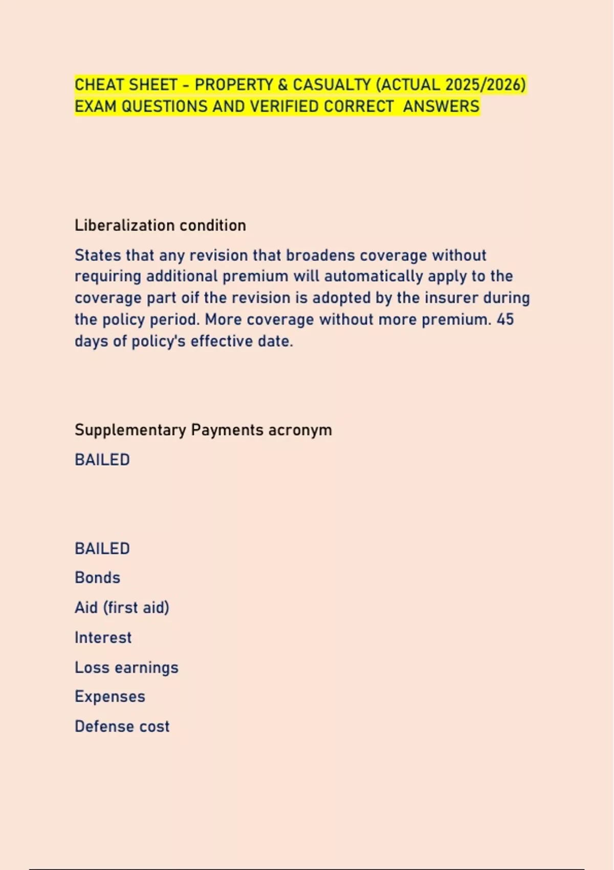 CHEAT SHEET - PROPERTY &amp; CASUALTY (ACTUAL 2025/2026) EXAM QUESTIONS AND VERIFIED CORRECT ANSWERS ...