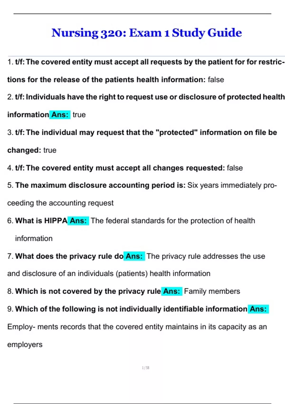 Nursing 320: Exam 1 Study Guide Questions with complete solutions 2025/ ...