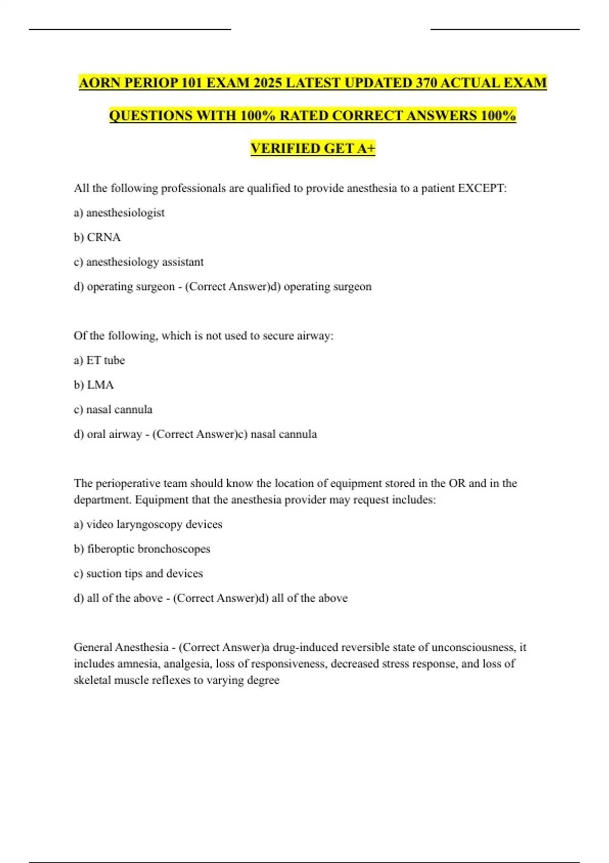 AORN PERIOP 101 EXAM 2025 LATEST UPDATED 370 ACTUAL EXAM QUESTIONS WITH ...