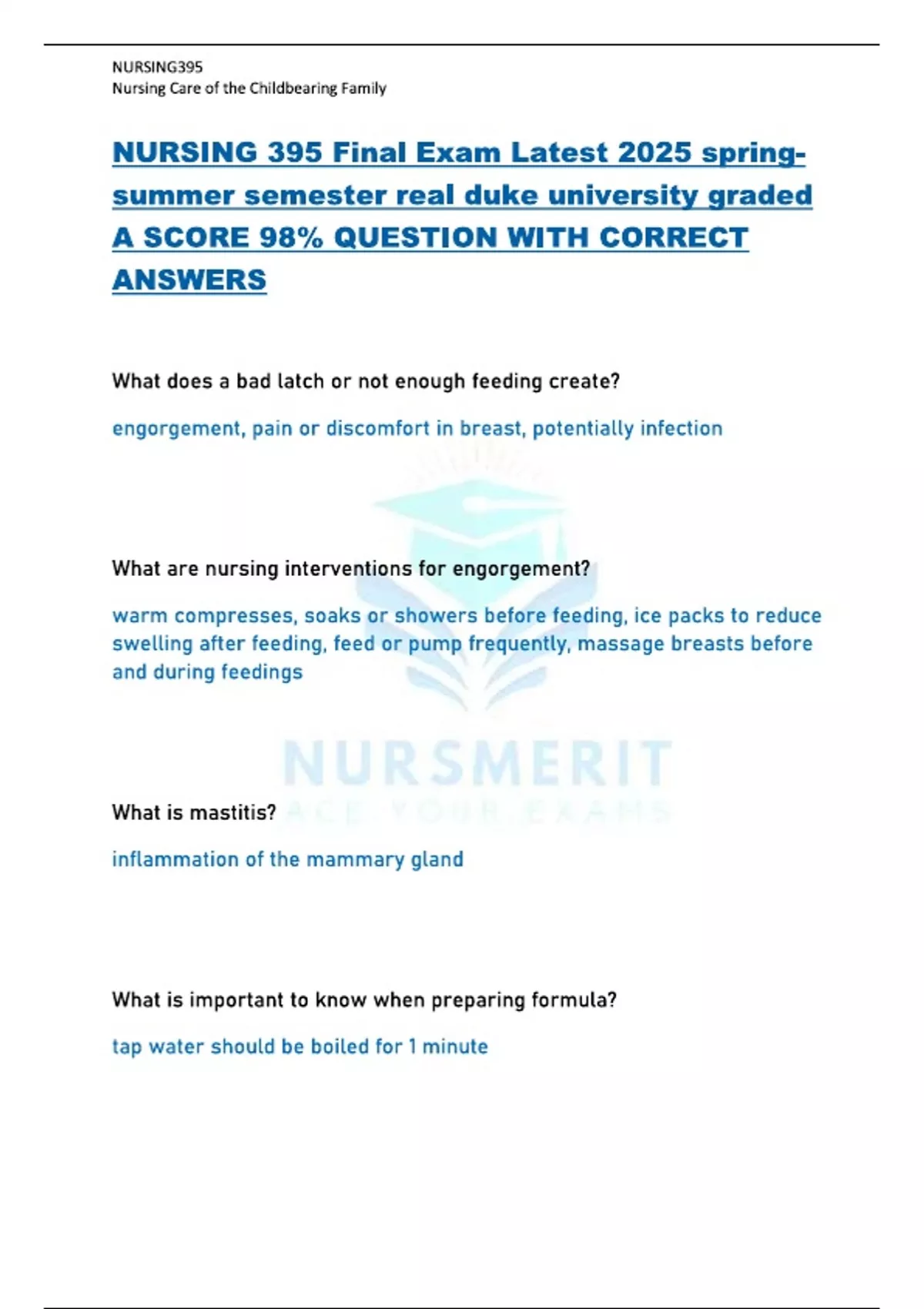 Dukes Innova Questions NURSING 395 Final Exam Latest 2025 spring summer semester real duke ...