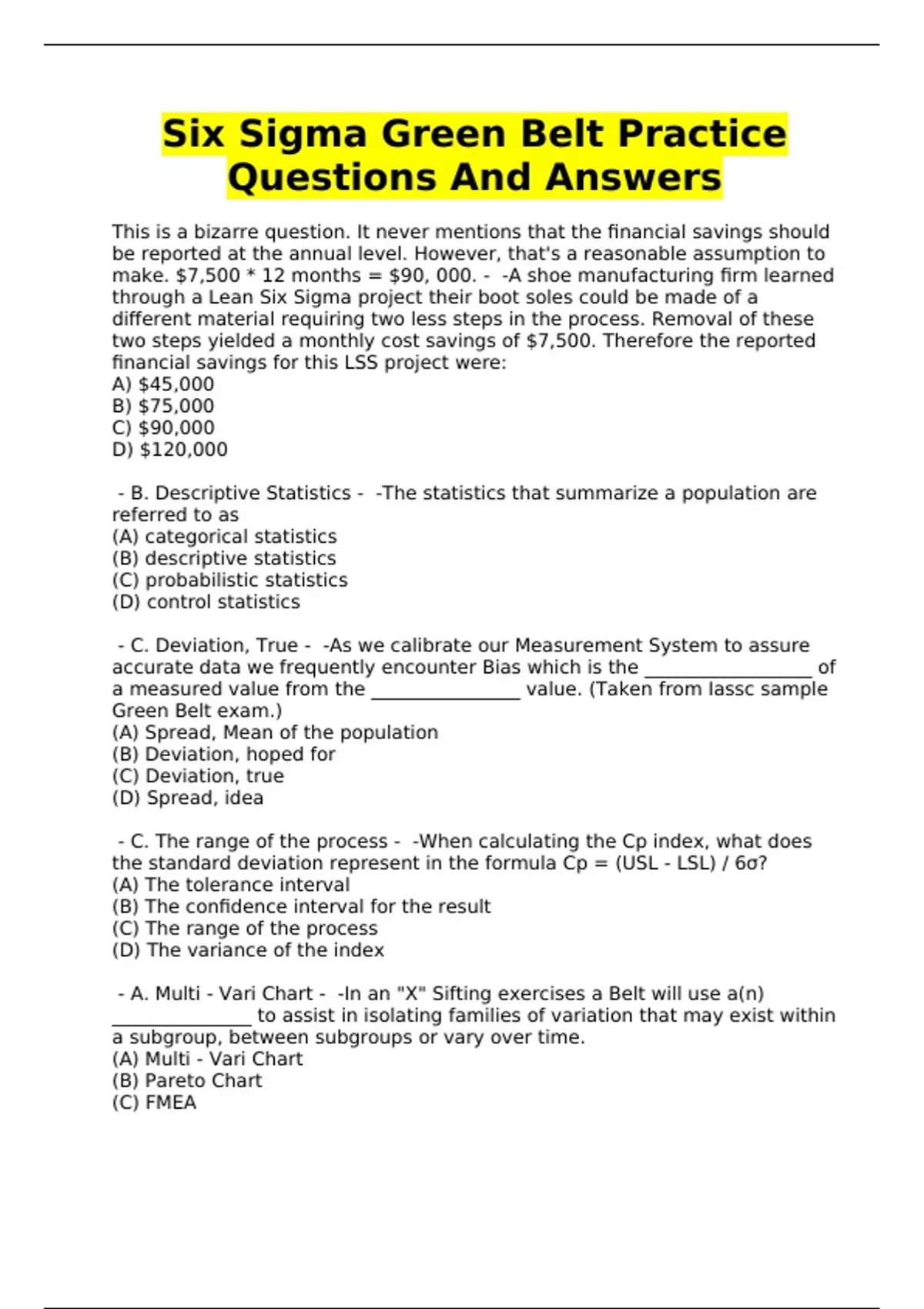 Six Sigma Green Belt Practice Questions And Answers - Six Sigma Green ...