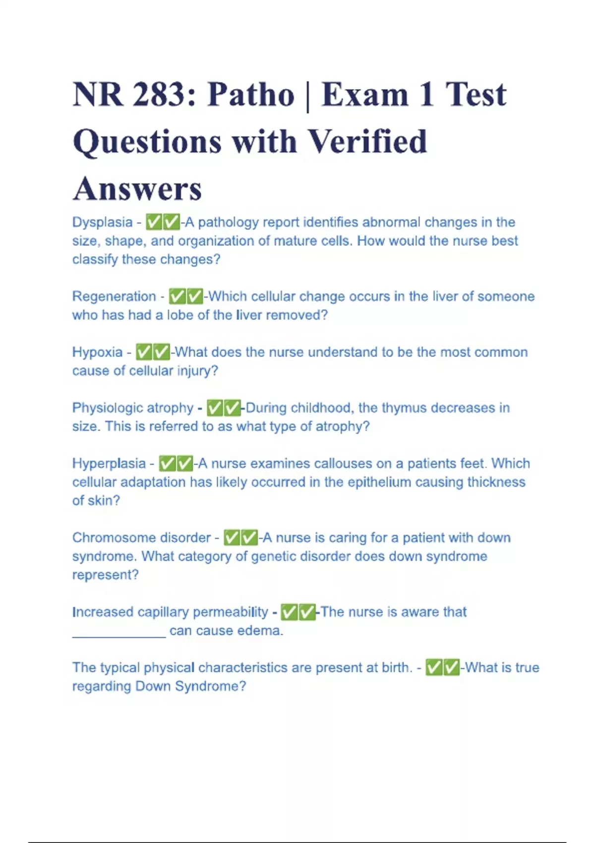 NR 283 Patho Exam 1 Test Questions with Verified Answers (Complete ...