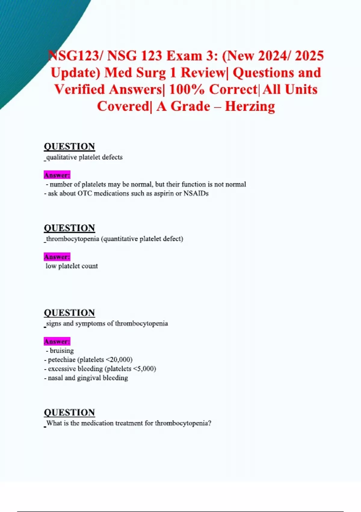 Exam 3: NSG123/ NSG 123 (Latest 2024/ 2025 Update) Med Surg 1 ...