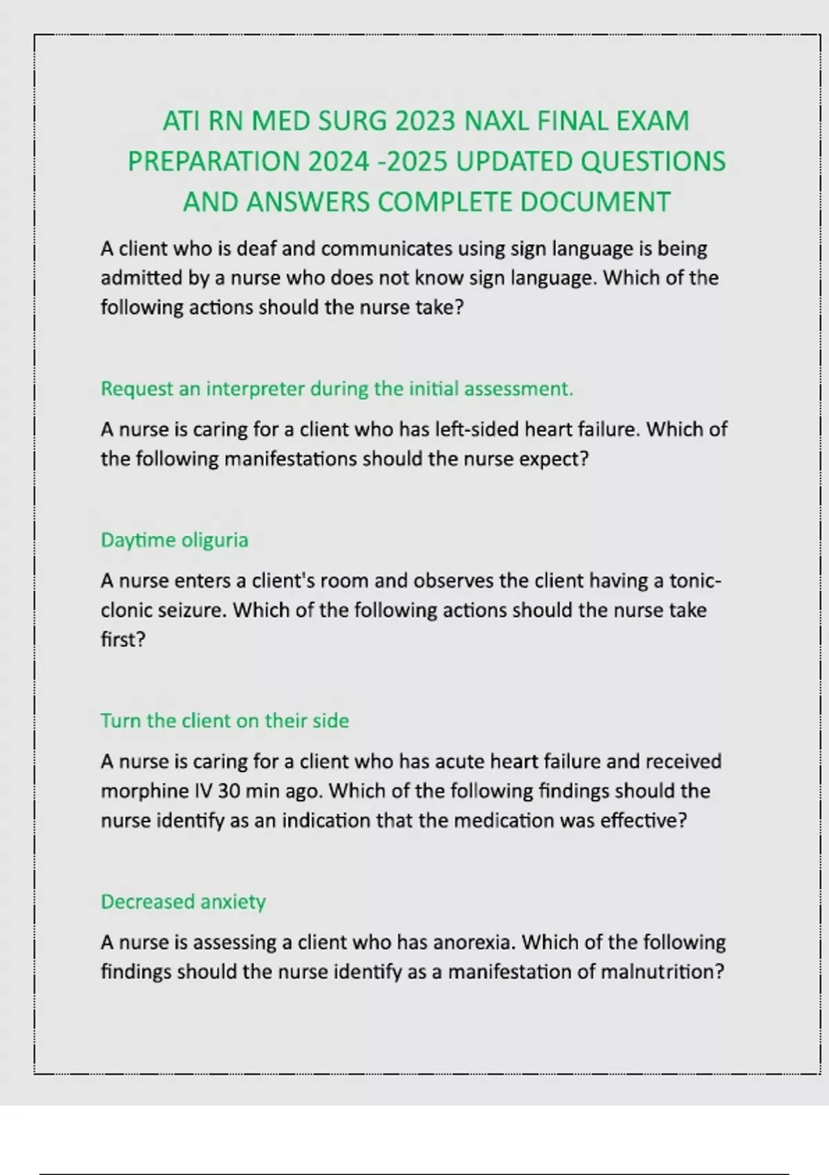 ATI RN MED SURG 2023 NAXL FINAL EXAM PREPARATION Questions with Correct ...