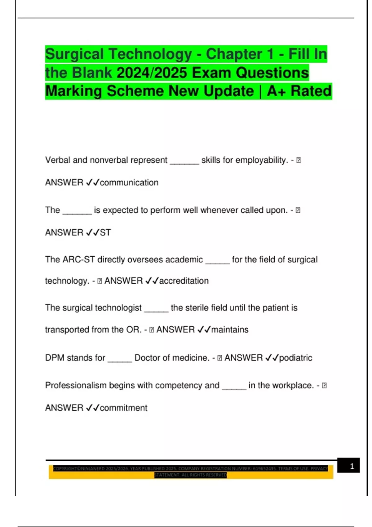 Surgical Technology - Chapter 1 - Fill In the Blank 2024/2025 Exam ...