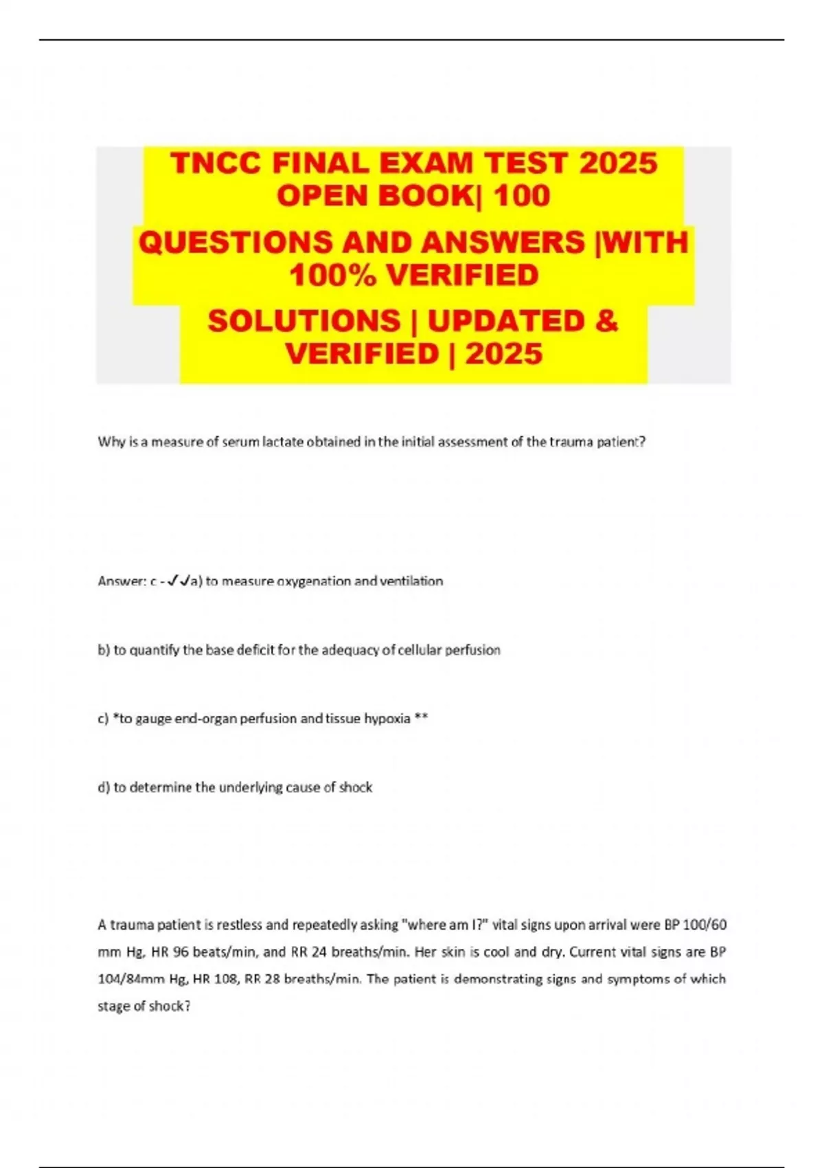 TNCC FINAL EXAM TEST 2025 OPEN BOOK| 100 QUESTIONS AND ANSWERS |WITH ...