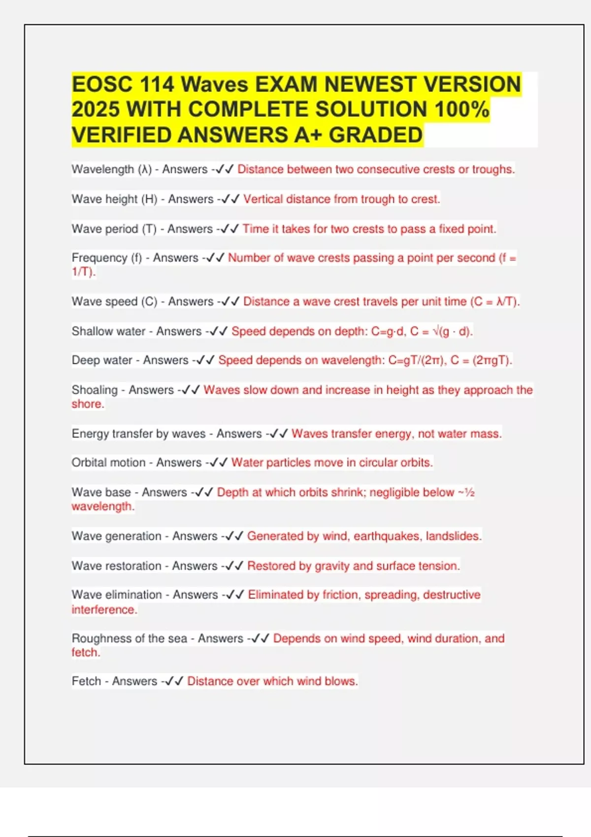 EOSC 114 Waves EXAM NEWEST VERSION 2025 WITH COMPLETE SOLUTION 100% ...