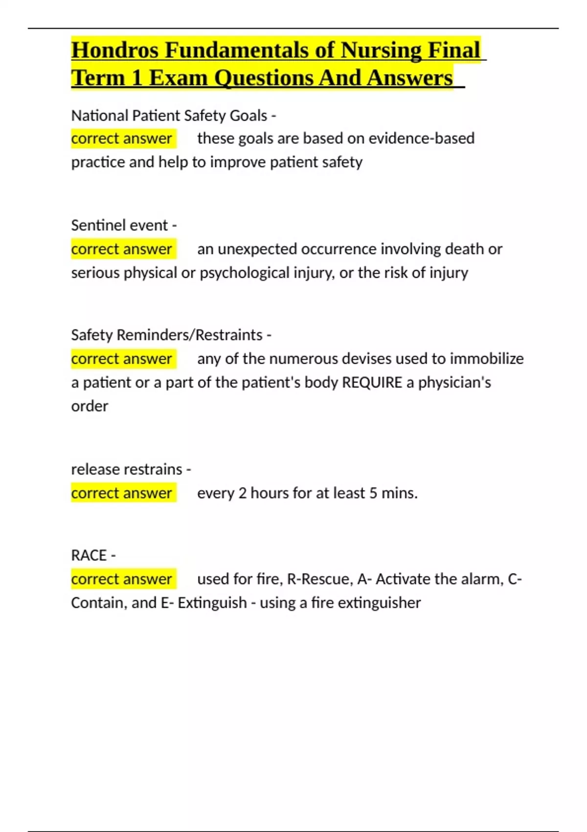 Hondros Fundamentals of Nursing Final Term 1 Exam Questions And Answers ...