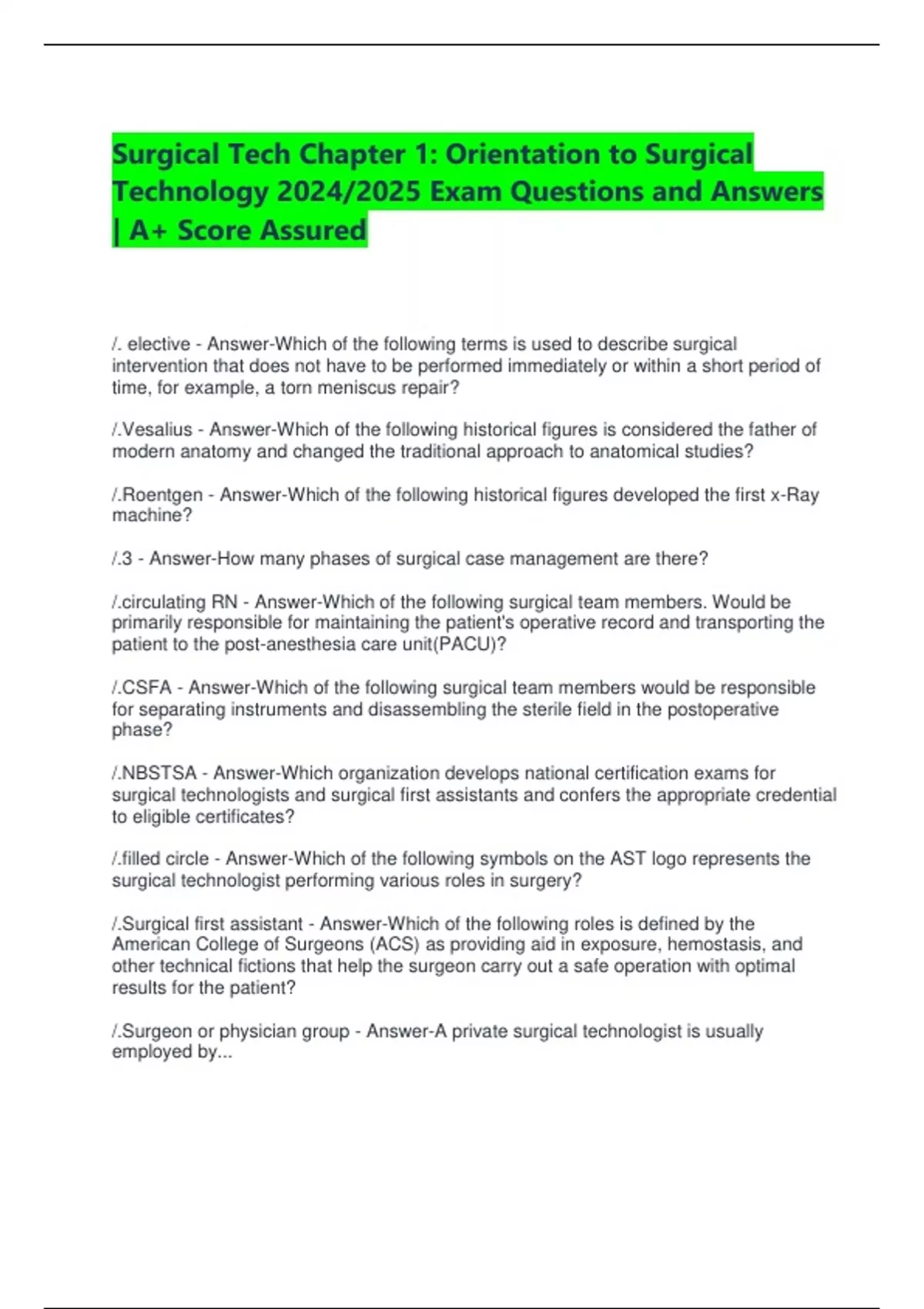 Surgical Tech Chapter 1: Orientation to Surgical Technology 2024/2025 ...