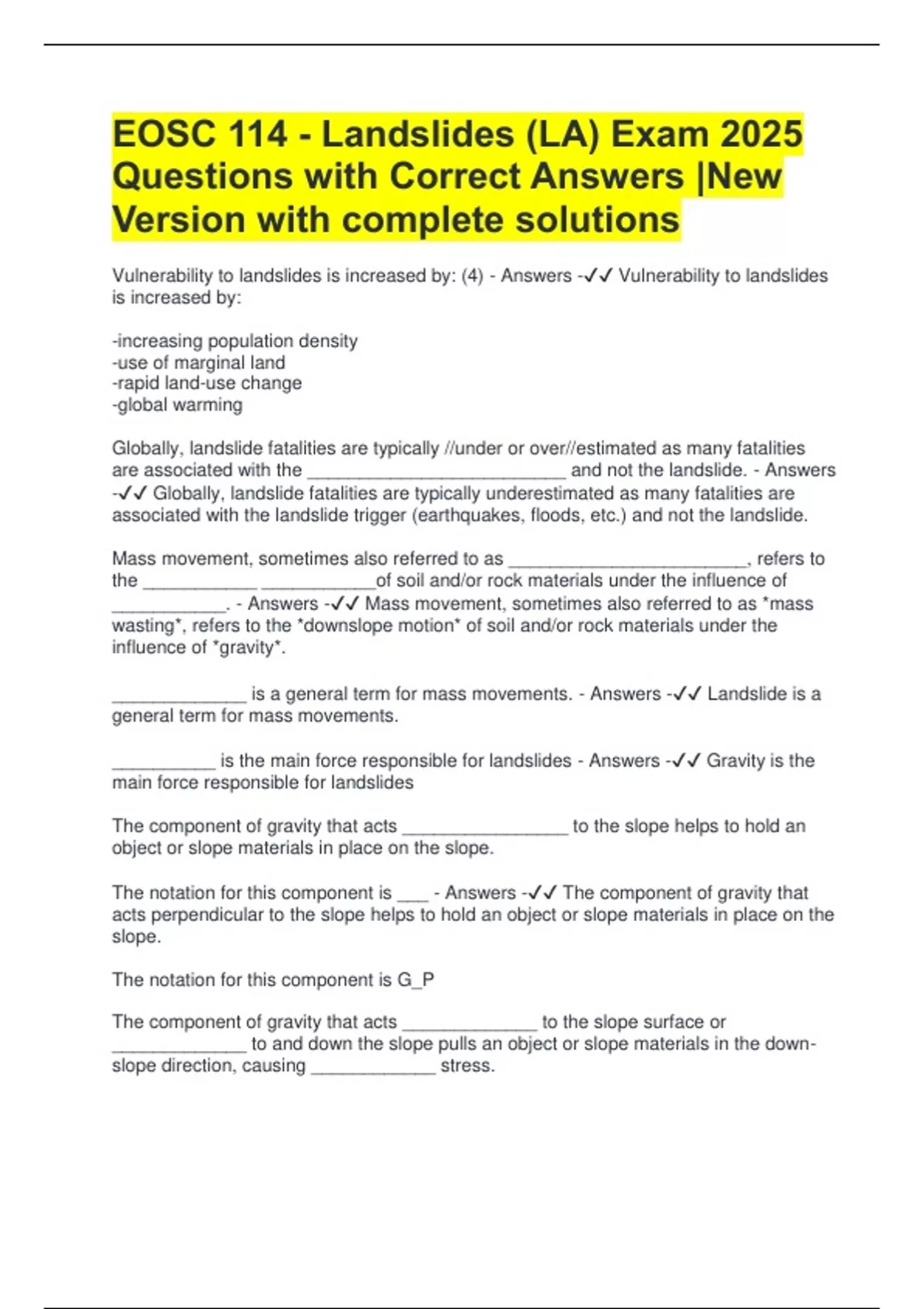 EOSC 114 - Landslides (LA) Exam 2025 Questions with Correct Answers ...