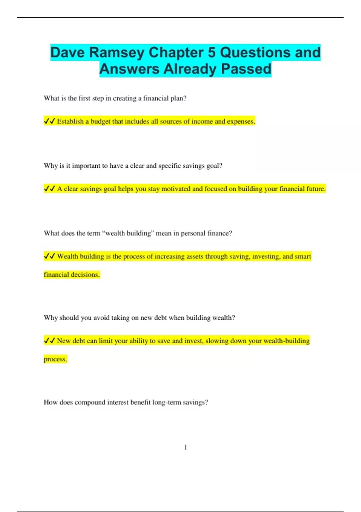 Dave Ramsey Chapter 5 Questions and Answers Already Passed - Dave Ramsey Chapter 5 - Stuvia US