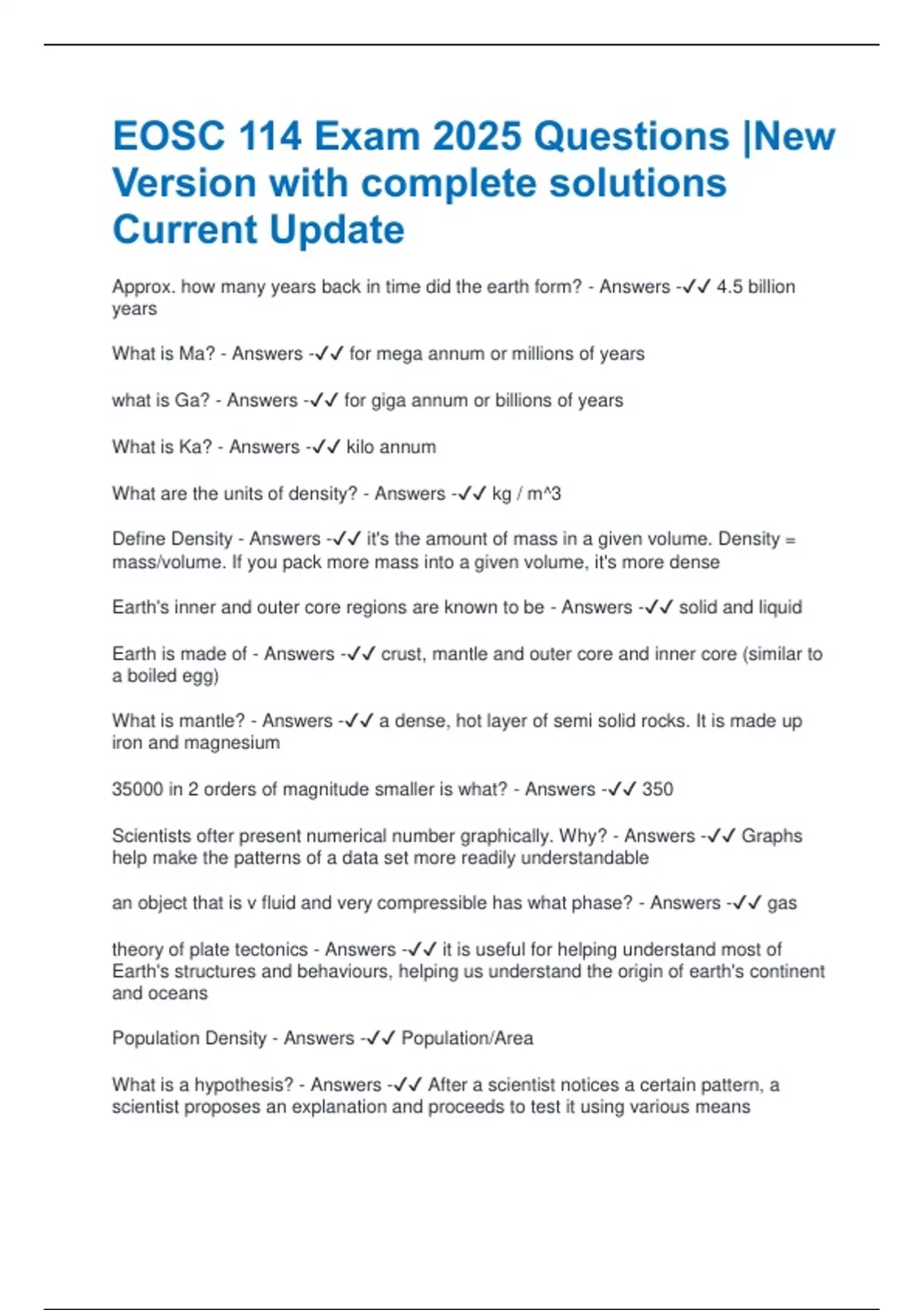 EOSC 114 Exam 2025 Questions |New Version with complete solutions ...