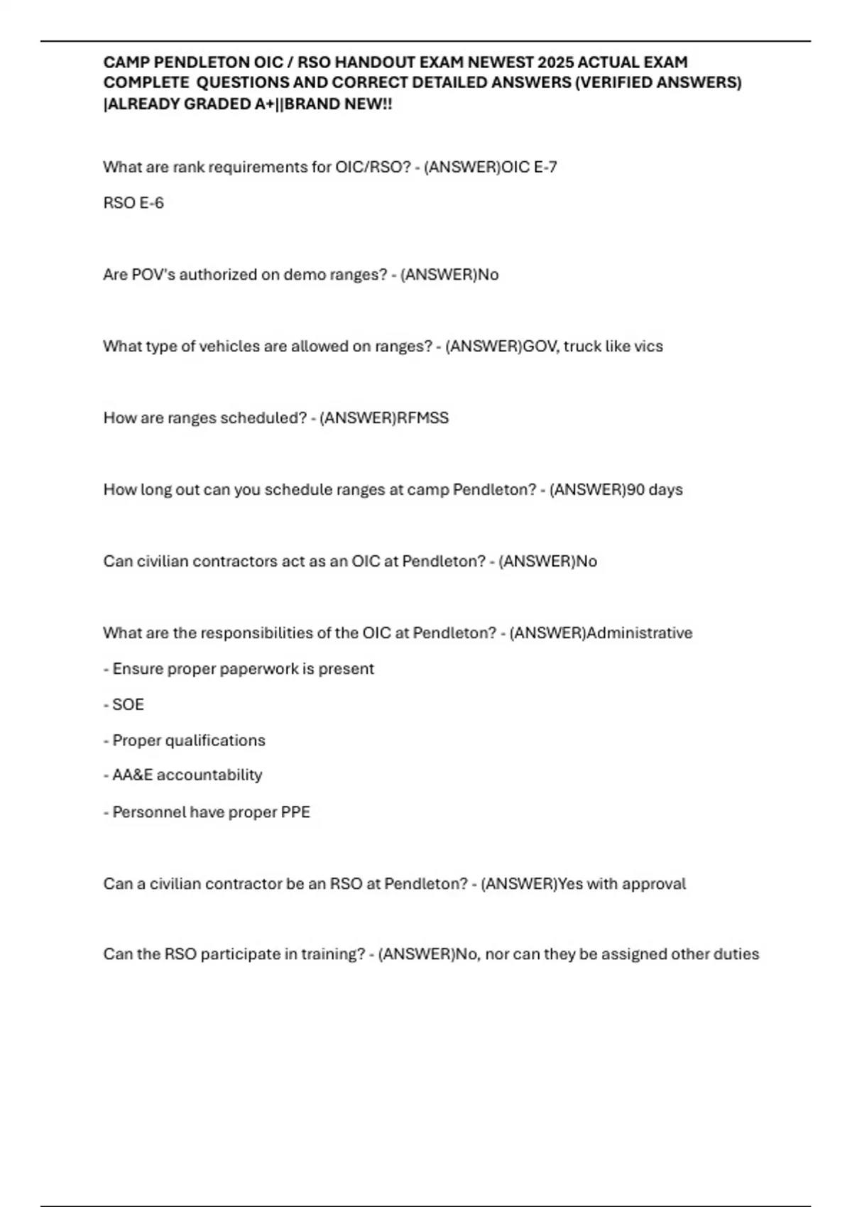 CAMP PENDLETON OIC / RSO HANDOUT EXAM NEWEST 2025 ACTUAL EXAM COMPLETE ...