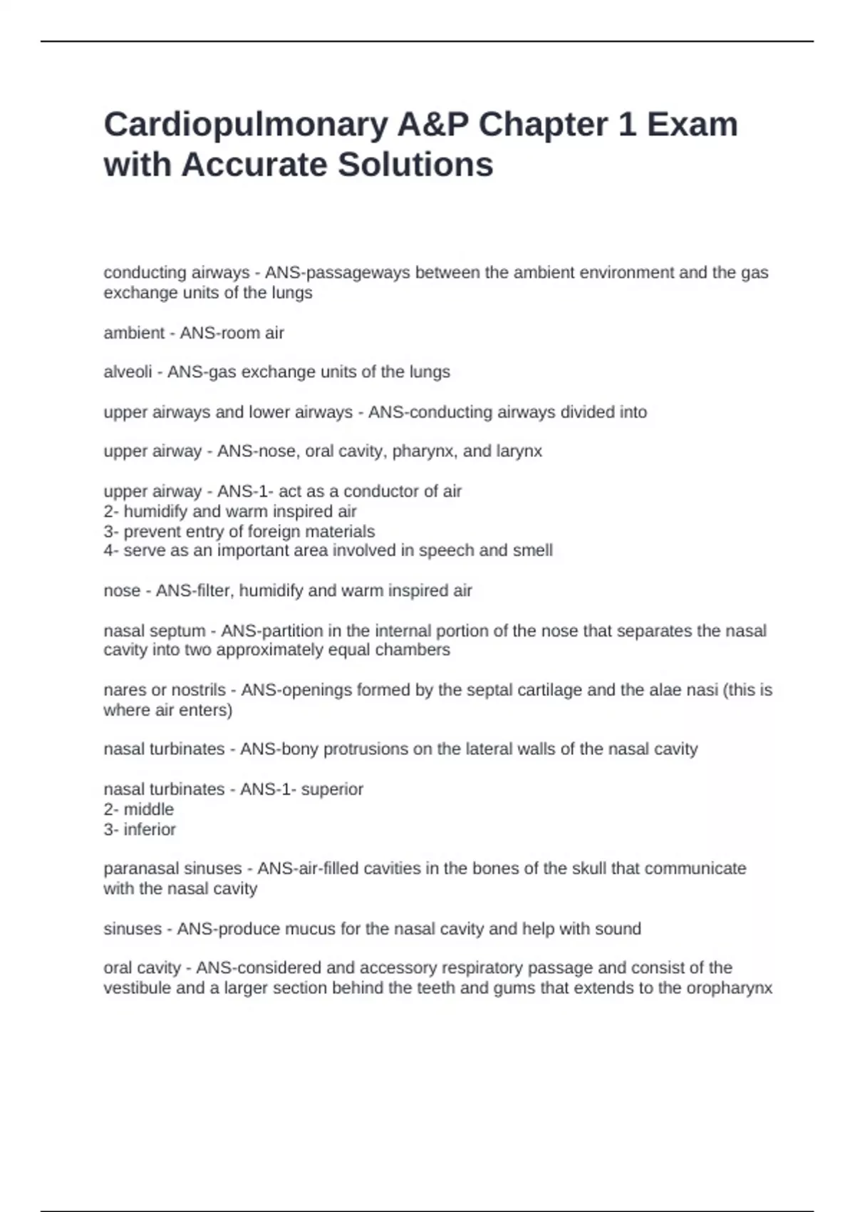 Cardiopulmonary A&P Chapter 1 Exam with Accurate Solutions ...
