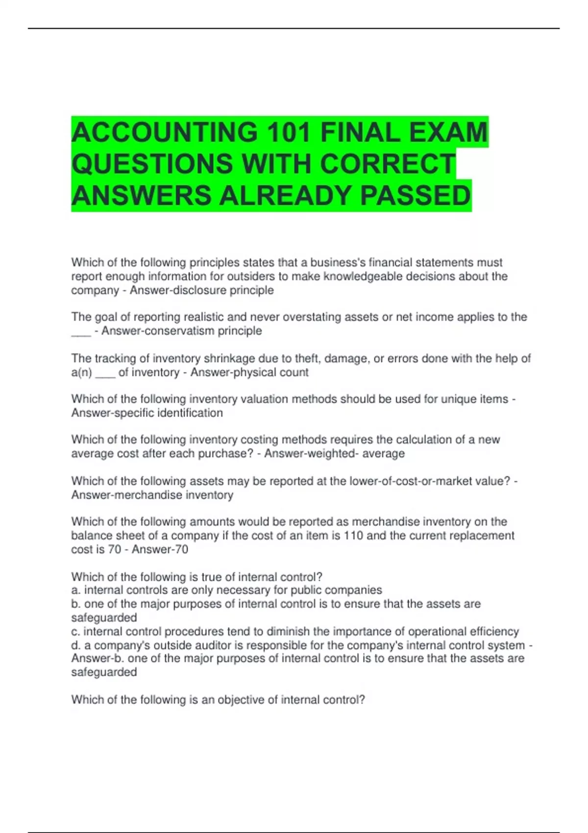 ACCOUNTING 101 FINAL EXAM QUESTIONS WITH CORRECT ANSWERS ALREADY PASSED ...