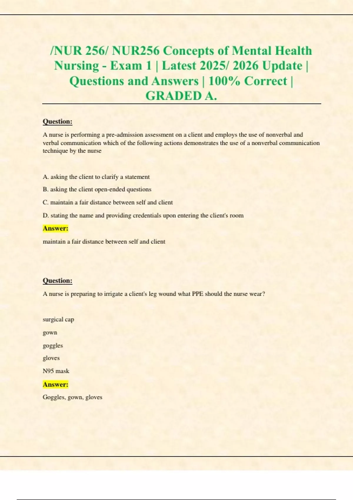 NUR 256/ NUR256 Concepts of Mental Health Nursing - Exam 1 | Latest ...
