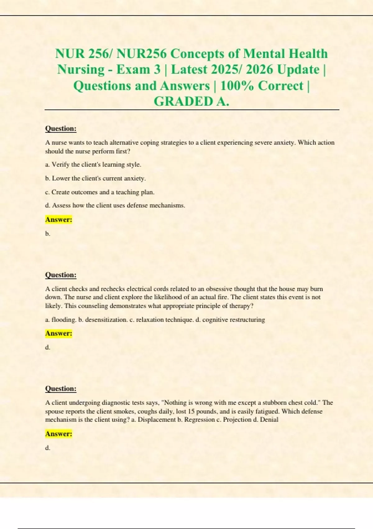NUR 256/ NUR256 Concepts of Mental Health Nursing - Exam 3 | Latest ...